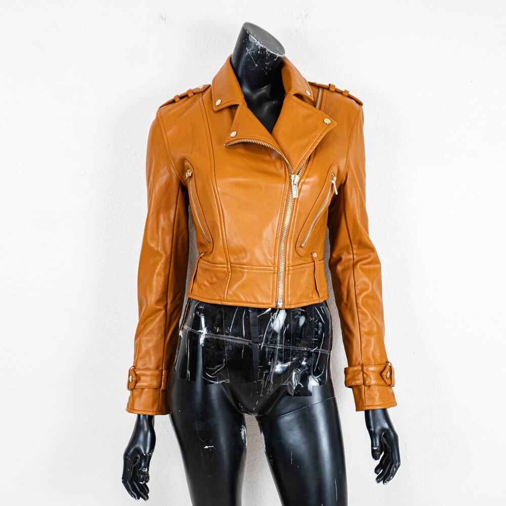 House of CB Carson Vegan Leather Biker Moto Jacket in tan size Small - Picture 2 of 11
